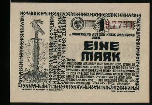 Notgeld Itzehoe 1918, Eine Mark, Schwert mit Eule und dekorative Schriftzüge