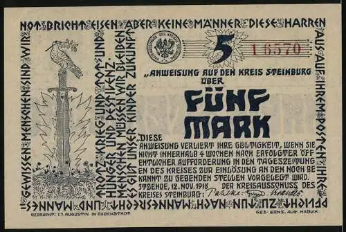 Notgeld Itzehoe 1918, 5 Mark, Anweisung über fünf Mark mit dekorativen Elementen und Text