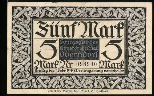 Notgeld Oberndorf, 1918, 5 Mark, Kriegsnotgeld der Amtskörperschaft Oberndorf, gültig bis 1. Febr. 1919