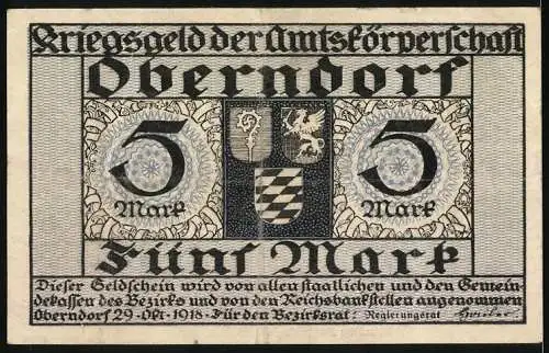 Notgeld Oberndorf, 1918, 5 Mark, Kriegsnotgeld der Amtskörperschaft Oberndorf, gültig bis 1. Febr. 1919