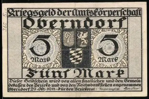 Notgeld Oberndorf, 1918, 5 Mark, Kriegsgeld der Amtskörperschaft, Wappen und Seriennummer 091516