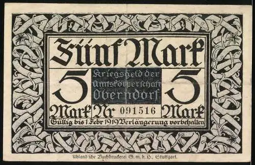 Notgeld Oberndorf, 1918, 5 Mark, Kriegsgeld der Amtskörperschaft, Wappen und Seriennummer 091516