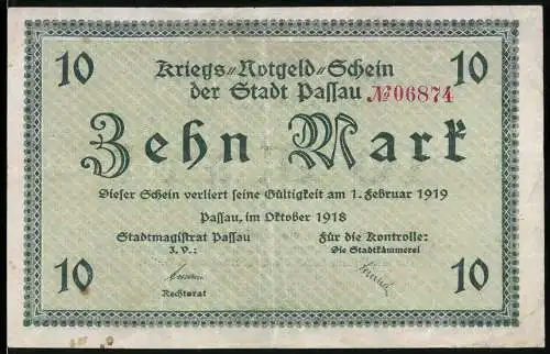 Notgeld Passau 1918, 10 Mark, Kriegs-Notgeld-Schein der Stadt Passau, gültig bis 1. Februar 1919