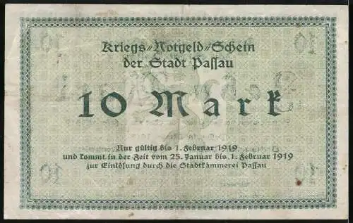 Notgeld Passau 1918, 10 Mark, Kriegs-Notgeld-Schein der Stadt Passau, gültig bis 1. Februar 1919