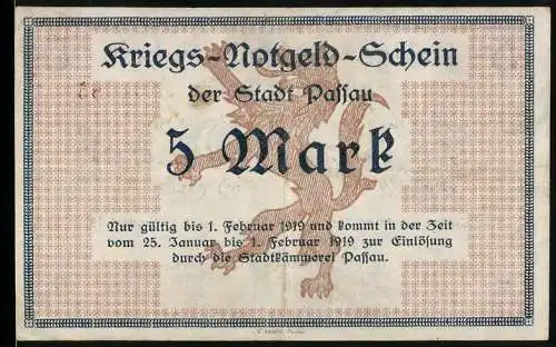 Notgeld Passau, 1918, 5 Mark, Kriegs-Notgeld-Schein der Stadt Passau, gültig bis 1. Februar 1919