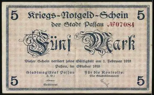 Notgeld Passau, 1918, 5 Mark, Kriegs-Notgeld-Schein der Stadt Passau, gültig bis 1. Februar 1919