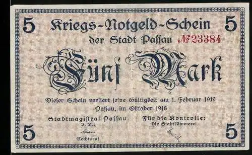 Notgeld Passau, 1918, 5 Mark, Kriegs-Notgeld-Schein der Stadt Passau, gültig bis 1. Februar 1919