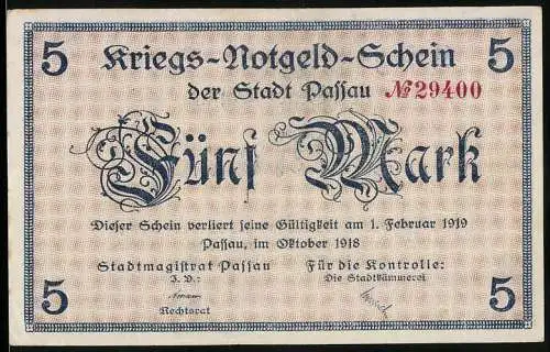 Notgeld Passau 1918, 5 Mark, Kriegs-Notgeld-Schein der Stadt Passau, nur gültig bis 1. Februar 1919