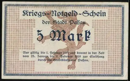 Notgeld Passau 1918, 5 Mark, Kriegs-Notgeld-Schein der Stadt Passau, nur gültig bis 1. Februar 1919