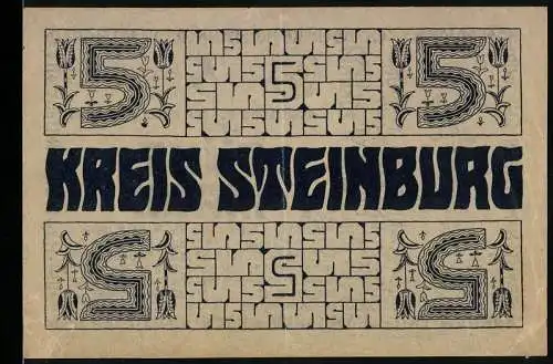 Notgeld Itzehoe 1918, 5 Mark, Anweisung auf den Kreis Steinburg mit dekorativen Elementen und Text