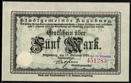 Notgeld Augsburg 1918, 5 Mark, Gutschein der Stadtgemeinde Augsburg über Fünf Mark, Seriennummer 451283