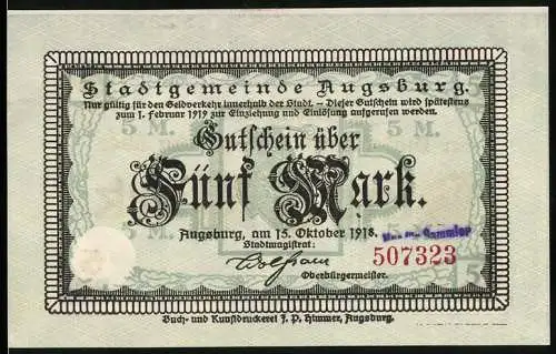 Notgeld Augsburg 1918, 5 Mark, Stadtgemeinde Augsburg Gutschein vom 15. Oktober 1918