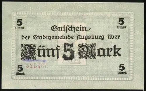 Notgeld Augsburg 1918, 5 Mark, Stadtgemeinde Augsburg Gutschein vom 15. Oktober 1918