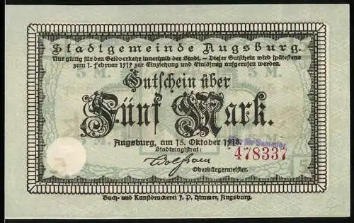 Notgeld Augsburg 1918, 5 Mark, Gutschein der Stadtgemeinde Augsburg über Fünf Mark