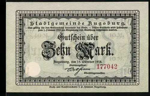 Notgeld Augsburg 1918, 10 Mark, Gutschein der Stadtgemeinde Augsburg, Oktober 1918, Seriennummer 177042