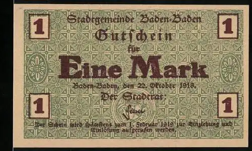 Notgeld Baden-Baden 1918, Eine Mark, Gutschein der Stadtgemeinde vom 22. Oktober 1918