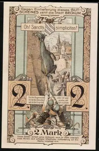 Notgeld Beckum 1918, 2 Mark, Stadtansicht und Ziege auf einem Turm mit Menschen