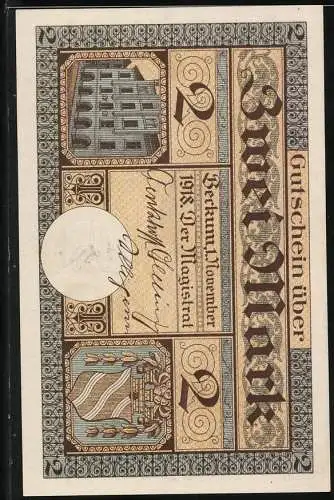 Notgeld Beckum 1918, 2 Mark, Stadtansicht und Ziege auf einem Turm mit Menschen