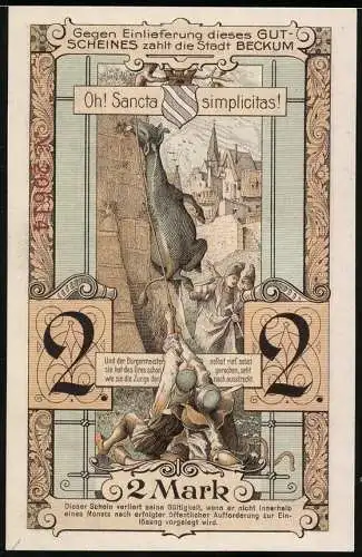 Notgeld Beckum, 1918, 2 Mark, humorvolle Abbildung mit Ziege und historischem Gebäude