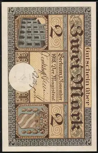 Notgeld Beckum, 1918, 2 Mark, humorvolle Abbildung mit Ziege und historischem Gebäude