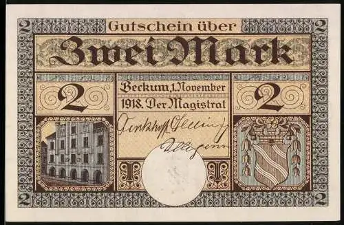 Notgeld Beckum 1918, 2 Mark, Gutschein über Zwei Mark mit Stadtansicht und Wappen, Rückseite mit Ziege und Spruch Oh!