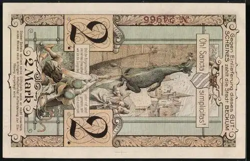 Notgeld Beckum 1918, 2 Mark, Gutschein über Zwei Mark mit Stadtansicht und Wappen, Rückseite mit Ziege und Spruch Oh!