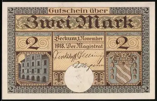 Notgeld Beckum, 1918, 2 Mark, Bauern ziehen Esel die Mauer hoch, damit er das Gras an der Mauer fressen kann