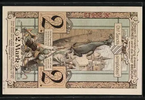 Notgeld Beckum, 1918, 2 Mark, Bauern ziehen Esel die Mauer hoch, damit er das Gras an der Mauer fressen kann