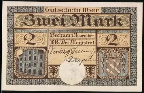 Notgeld Beckum, 1918, 2 Mark, Gutschein über zwei Mark mit Stadtwappen und Gebäudeabbildung