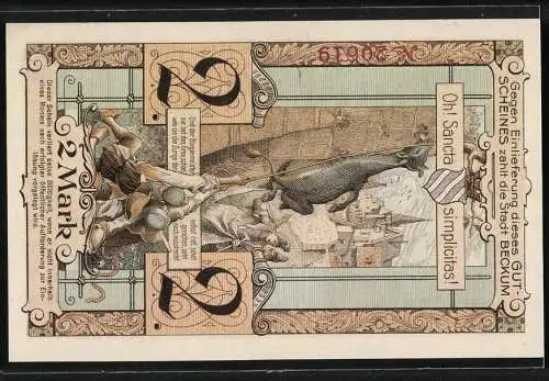 Notgeld Beckum, 1918, 2 Mark, Gutschein über zwei Mark mit Stadtwappen und Gebäudeabbildung