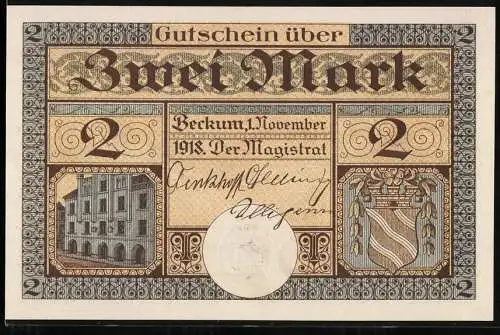 Notgeld Beckum, 1918, 2 Mark, Gutschein über Zwei Mark mit Stadtwappen und Stadtansicht