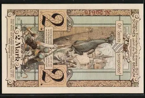 Notgeld Beckum, 1918, 2 Mark, Gutschein über Zwei Mark mit Stadtwappen und Stadtansicht