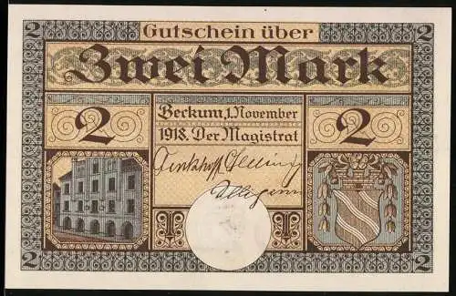 Notgeld Beckum, 1918, 2 Mark, Stadtansicht und Wappen, Oh! Sancta simplicitas! Bauern und Esel