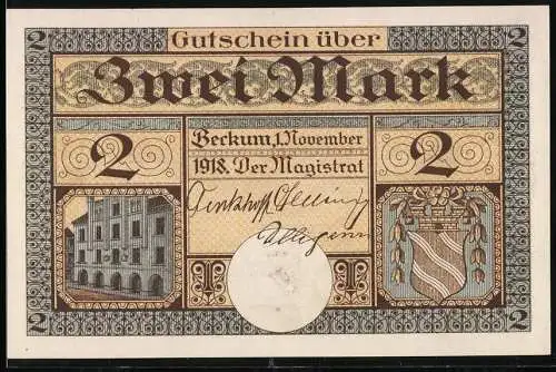 Notgeld Beckum 1918, Zwei Mark, Stadtansicht und Wappen, Bauern ziehen Esel eine Mauer hoch