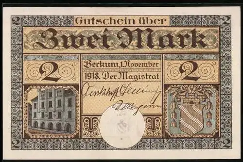 Notgeld Beckum 1918, 2 Mark, Stadtwappen und Gebäude, Rückseite mit Ziege und Stadtansicht