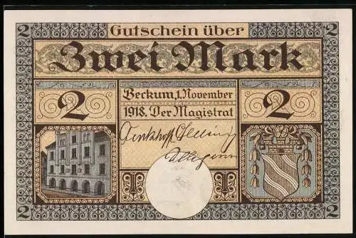 Notgeld Beckum 1918, 2 Mark, Vorderseite Rathausabbildung Rückseite humoristische Szene mit Esel