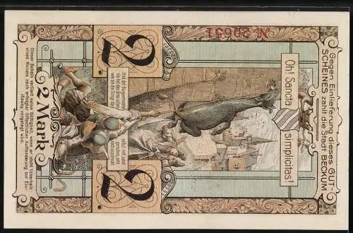 Notgeld Beckum 1918, 2 Mark, Vorderseite Rathausabbildung Rückseite humoristische Szene mit Esel