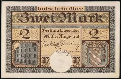 Notgeld Beckum, 1918, 2 Mark, Gutschein über ZWEI Mark mit Stadtwappen und Gebäude, Rückseite mit Stadtmotiv und Text