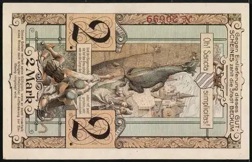 Notgeld Beckum, 1918, 2 Mark, Gutschein über ZWEI Mark mit Stadtwappen und Gebäude, Rückseite mit Stadtmotiv und Text