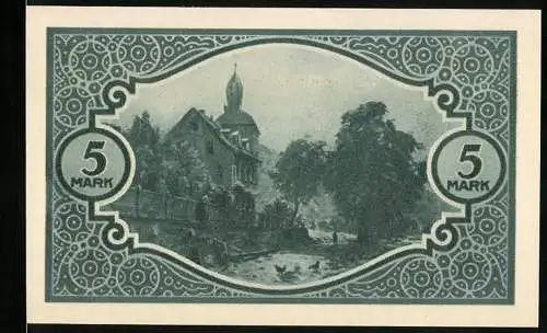 Notgeld Mosbach 1918, 5 Mark, Vorderseite Landschaftsszene mit Kirche, Rückseite Text mit Seriennummer 066429