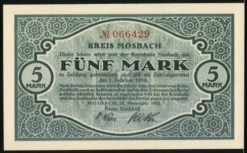 Notgeld Mosbach 1918, 5 Mark, Vorderseite Landschaftsszene mit Kirche, Rückseite Text mit Seriennummer 066429