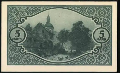 Notgeld Mosbach 1918, 5 Mark, Seriennummer 028233, Landschaftsszene mit Fluss und Kirche