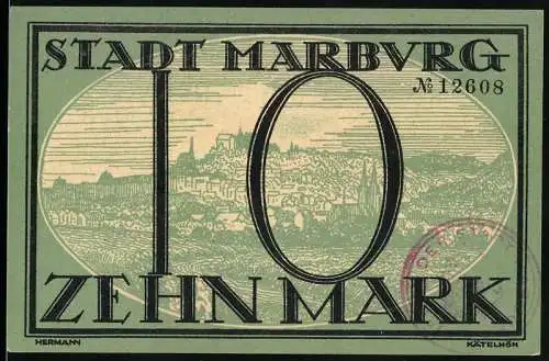 Notgeld Marburg 1918, 10 Mark, Stadtansicht und Text, Seriennummer 12608