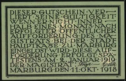 Notgeld Marburg 1918, 10 Mark, Stadtansicht und Text, Seriennummer 12608