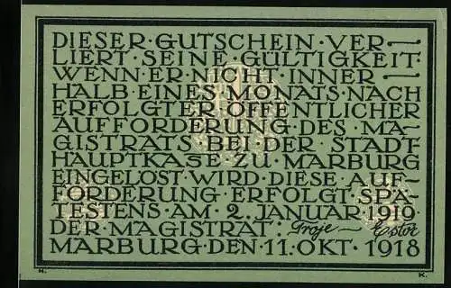 Notgeld Marburg 1918, 10 Mark, Stadtansicht und Text zur Gültigkeitsdauer