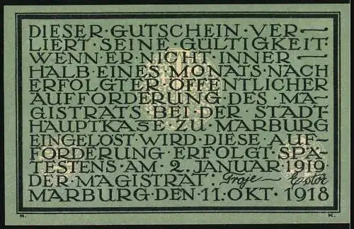 Notgeld Marburg, 1918, 10 Mark, Stadtansicht und Gültigkeitshinweis