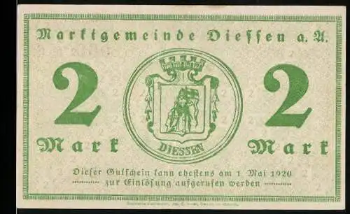 Notgeld Diessen, 1920, 2 Mark, grün, Wappen und Seriennummer 06908