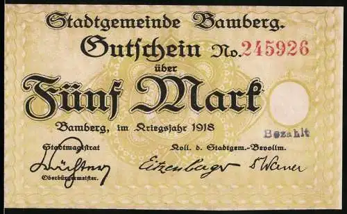 Notgeld Bamberg, 1918, Fünf Mark, Stadtgemeinde Bamberg Gutschein Nr. 245926, Gebäude und Brücke Motiv