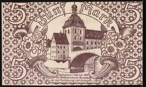 Notgeld Bamberg, 1918, Fünf Mark, Stadtgemeinde Bamberg Gutschein Nr. 245926, Gebäude und Brücke Motiv