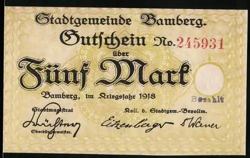 Notgeld Bamberg 1918, 5 Mark, Gutschein der Stadtgemeinde Bamberg mit Gebäudeabbildung